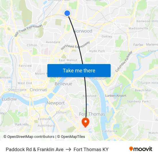 Paddock Rd & Franklin Ave to Fort Thomas KY map