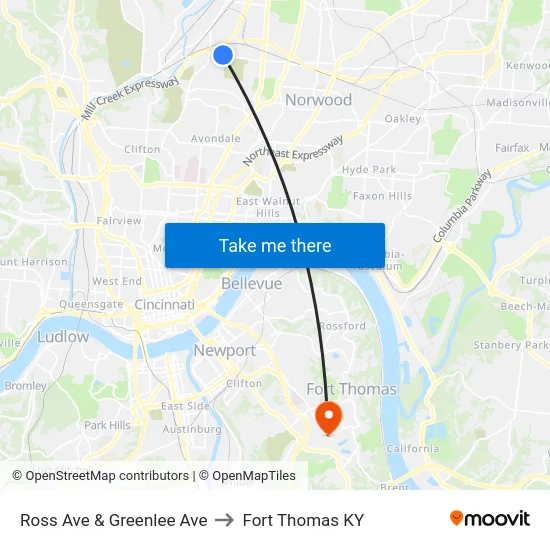 Ross Ave & Greenlee Ave to Fort Thomas KY map