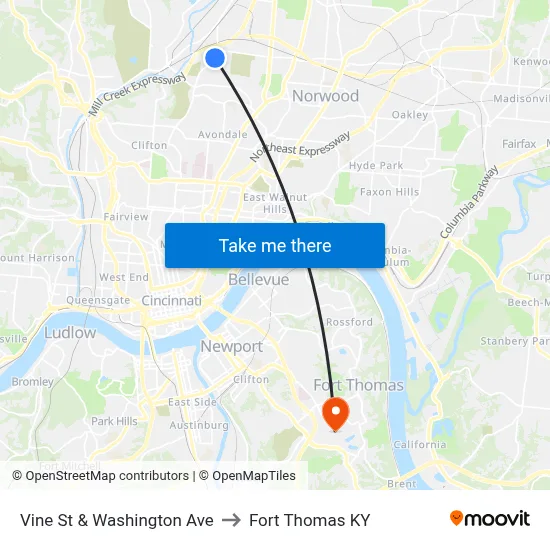 Vine St & Washington Ave to Fort Thomas KY map