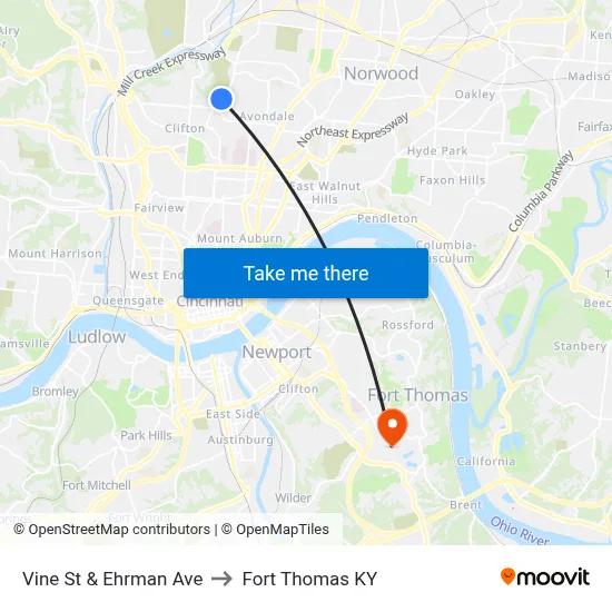 Vine St & Ehrman Ave to Fort Thomas KY map
