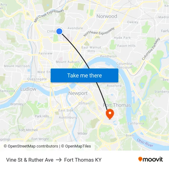 Vine St & Ruther Ave to Fort Thomas KY map