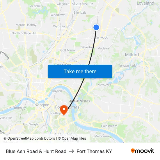 Blue Ash Road & Hunt Road to Fort Thomas KY map
