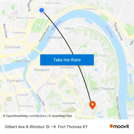 Gilbert Ave & Windsor St to Fort Thomas KY map