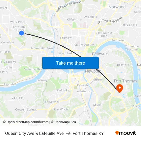Queen City Ave & Lafeuille Ave to Fort Thomas KY map
