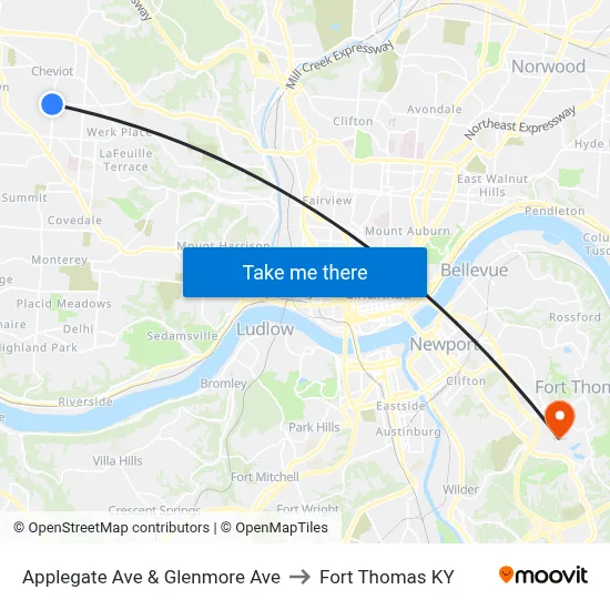 Applegate Ave & Glenmore Ave to Fort Thomas KY map