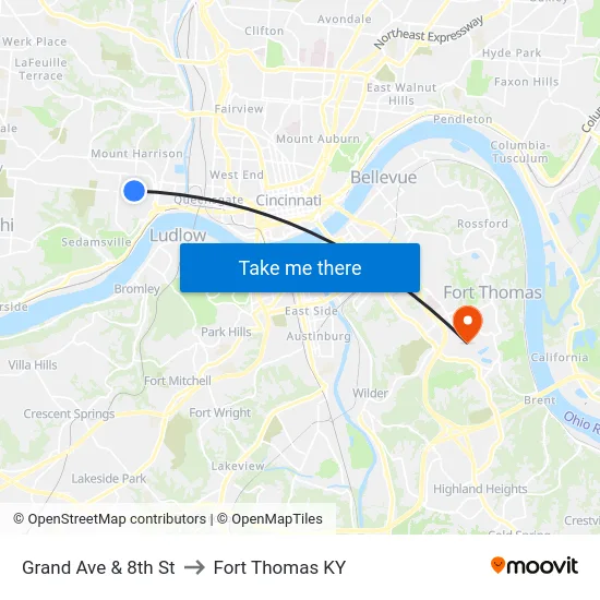 Grand Ave & 8th St to Fort Thomas KY map