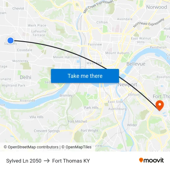 Sylved Ln 2050 to Fort Thomas KY map