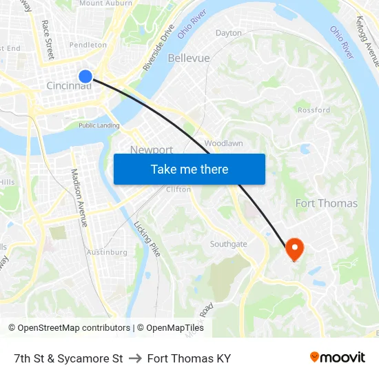 7th St & Sycamore St to Fort Thomas KY map