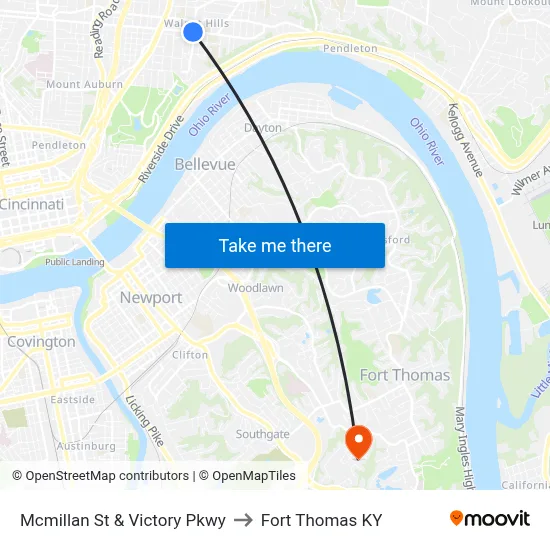 Mcmillan St & Victory Pkwy to Fort Thomas KY map