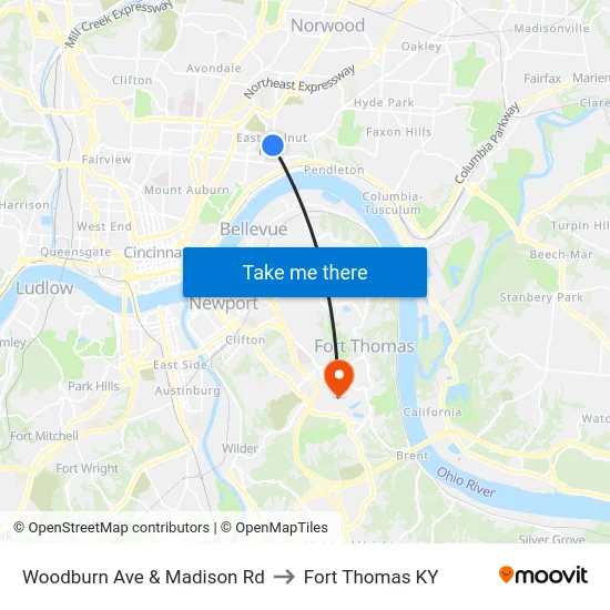 Woodburn Ave & Madison Rd to Fort Thomas KY map