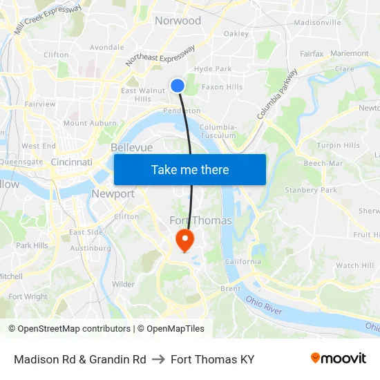 Madison Rd & Grandin Rd to Fort Thomas KY map