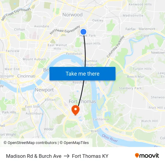 Madison Rd & Burch Ave to Fort Thomas KY map