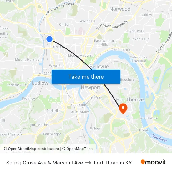 Spring Grove Ave & Marshall Ave to Fort Thomas KY map
