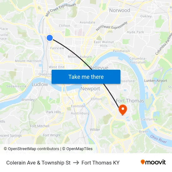Colerain Ave & Township St to Fort Thomas KY map