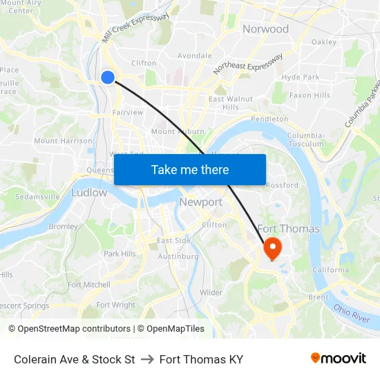 Colerain Ave & Stock St to Fort Thomas KY map