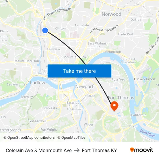 Colerain Ave & Monmouth Ave to Fort Thomas KY map