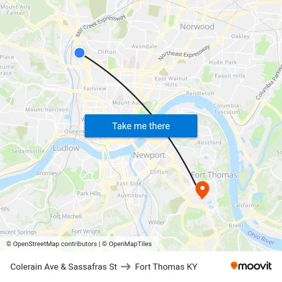 Colerain Ave & Sassafras St to Fort Thomas KY map