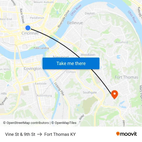 Vine St & 9th St to Fort Thomas KY map