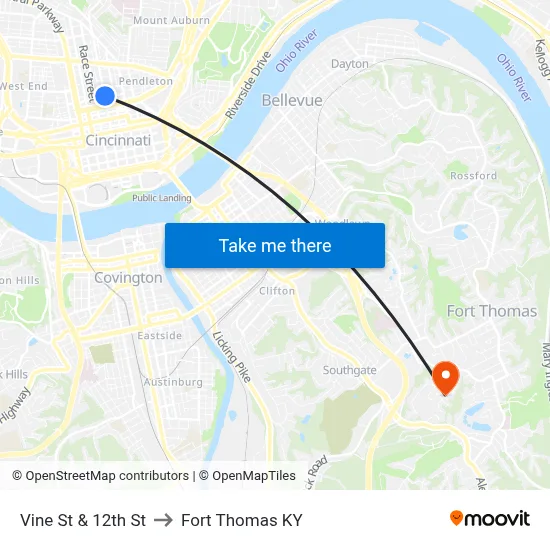 Vine St & 12th St to Fort Thomas KY map