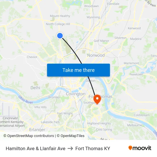 Hamilton Ave & Llanfair Ave to Fort Thomas KY map