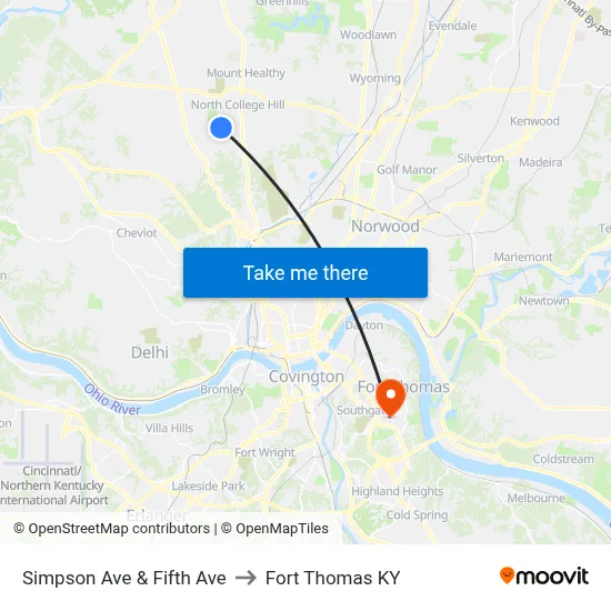 Simpson Ave & Fifth Ave to Fort Thomas KY map