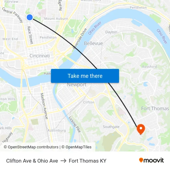 Clifton Ave & Ohio Ave to Fort Thomas KY map