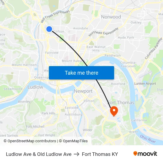 Ludlow Ave & Old Ludlow Ave to Fort Thomas KY map