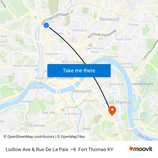 Ludlow Ave & Rue De La Paix to Fort Thomas KY map
