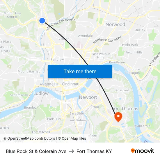 Blue Rock St & Colerain Ave to Fort Thomas KY map