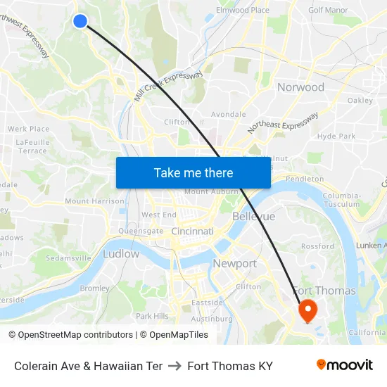 Colerain Ave & Hawaiian Ter to Fort Thomas KY map
