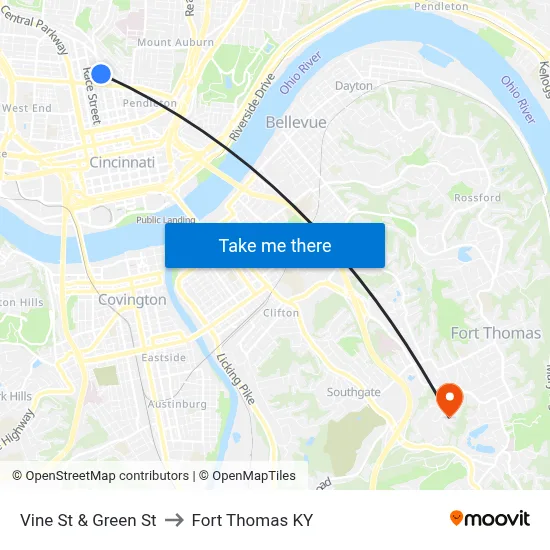Vine St & Green St to Fort Thomas KY map
