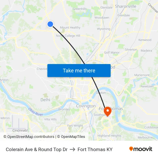 Colerain Ave & Round Top Dr to Fort Thomas KY map