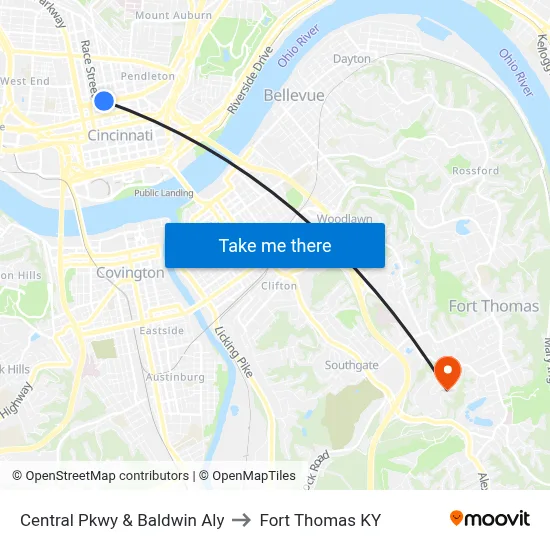 Central Pkwy & Baldwin Aly to Fort Thomas KY map