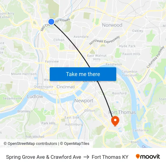 Spring Grove Ave & Crawford Ave to Fort Thomas KY map