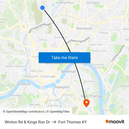 Winton Rd & Kings Run Dr to Fort Thomas KY map