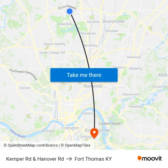 Kemper Rd & Hanover Rd to Fort Thomas KY map