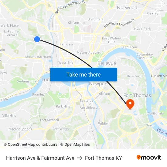 Harrison Ave & Fairmount Ave to Fort Thomas KY map