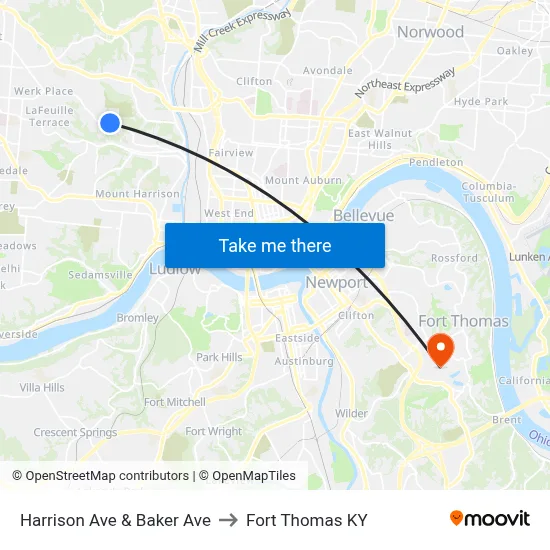 Harrison Ave & Baker Ave to Fort Thomas KY map