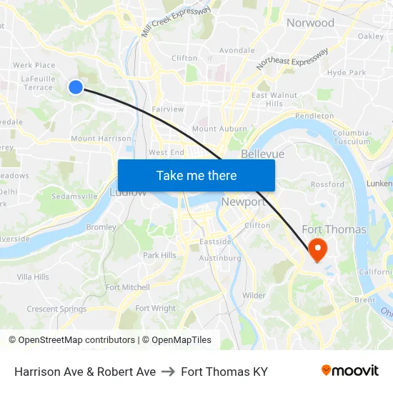 Harrison Ave & Robert Ave to Fort Thomas KY map