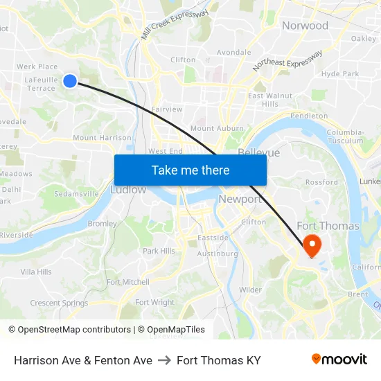 Harrison Ave & Fenton Ave to Fort Thomas KY map
