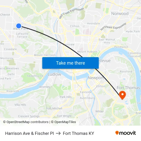 Harrison Ave & Fischer Pl to Fort Thomas KY map