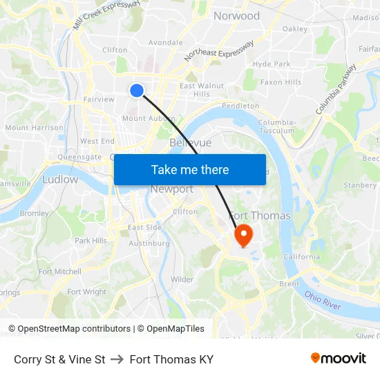 Corry St & Vine St to Fort Thomas KY map