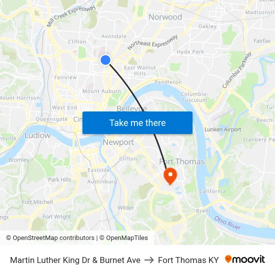 Martin Luther King Dr & Burnet Ave to Fort Thomas KY map