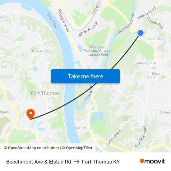 Beechmont Ave & Elstun Rd to Fort Thomas KY map