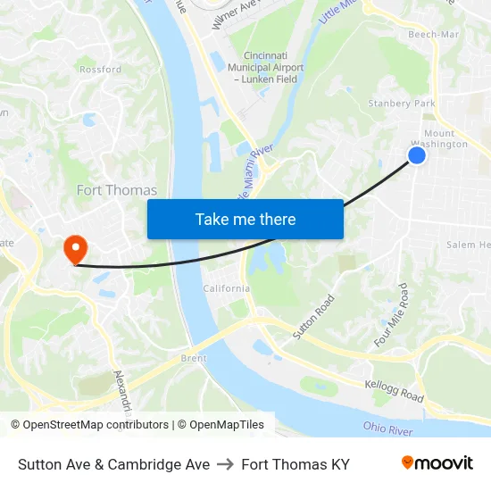Sutton Ave & Cambridge Ave to Fort Thomas KY map
