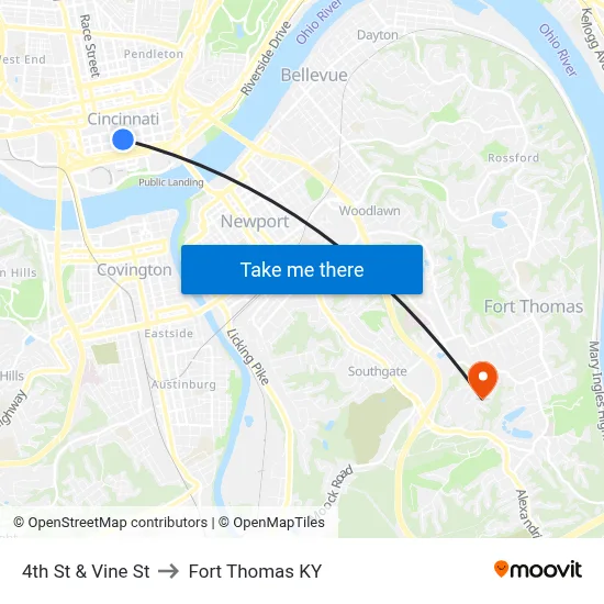 4th St & Vine St to Fort Thomas KY map