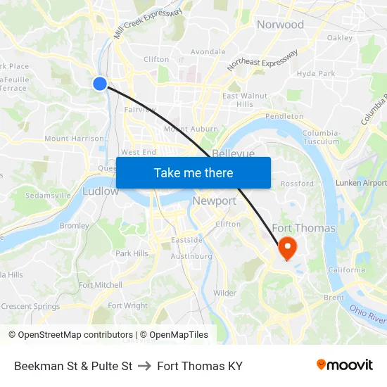 Beekman St & Pulte St to Fort Thomas KY map