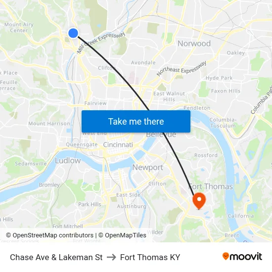 Chase Ave & Lakeman St to Fort Thomas KY map