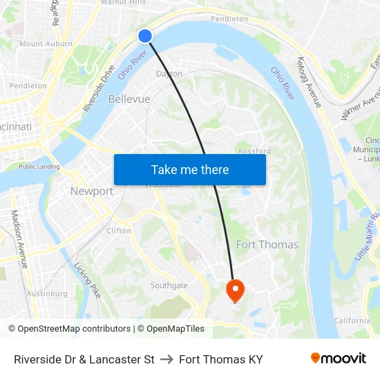 Riverside Dr & Lancaster St to Fort Thomas KY map