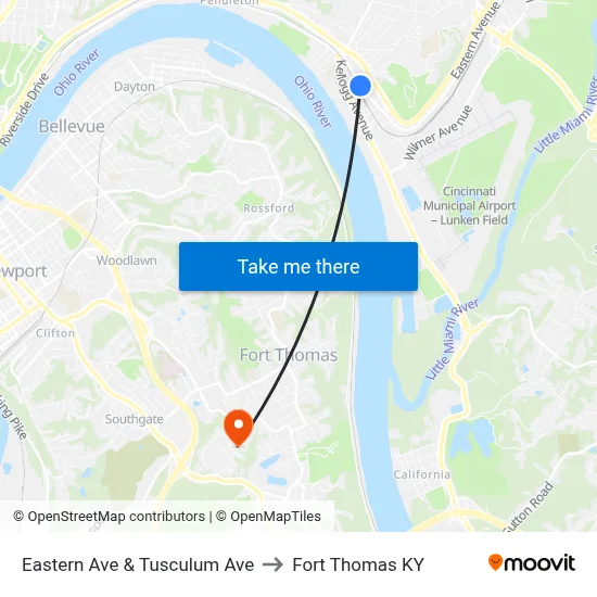 Eastern Ave & Tusculum Ave to Fort Thomas KY map